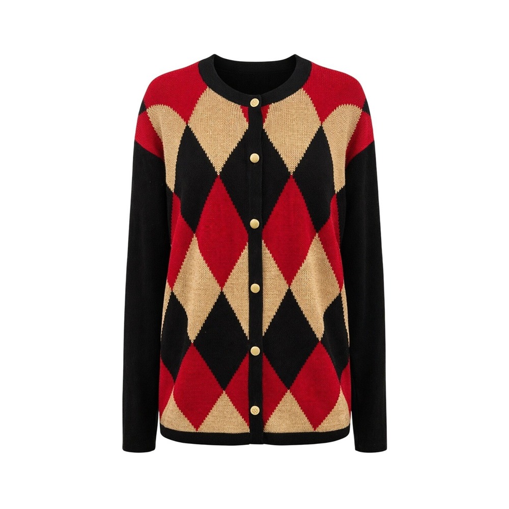 VTG CHRYSANTHEME Women's Argyle Cardigan‎ Sweater Black Red Size 14 16